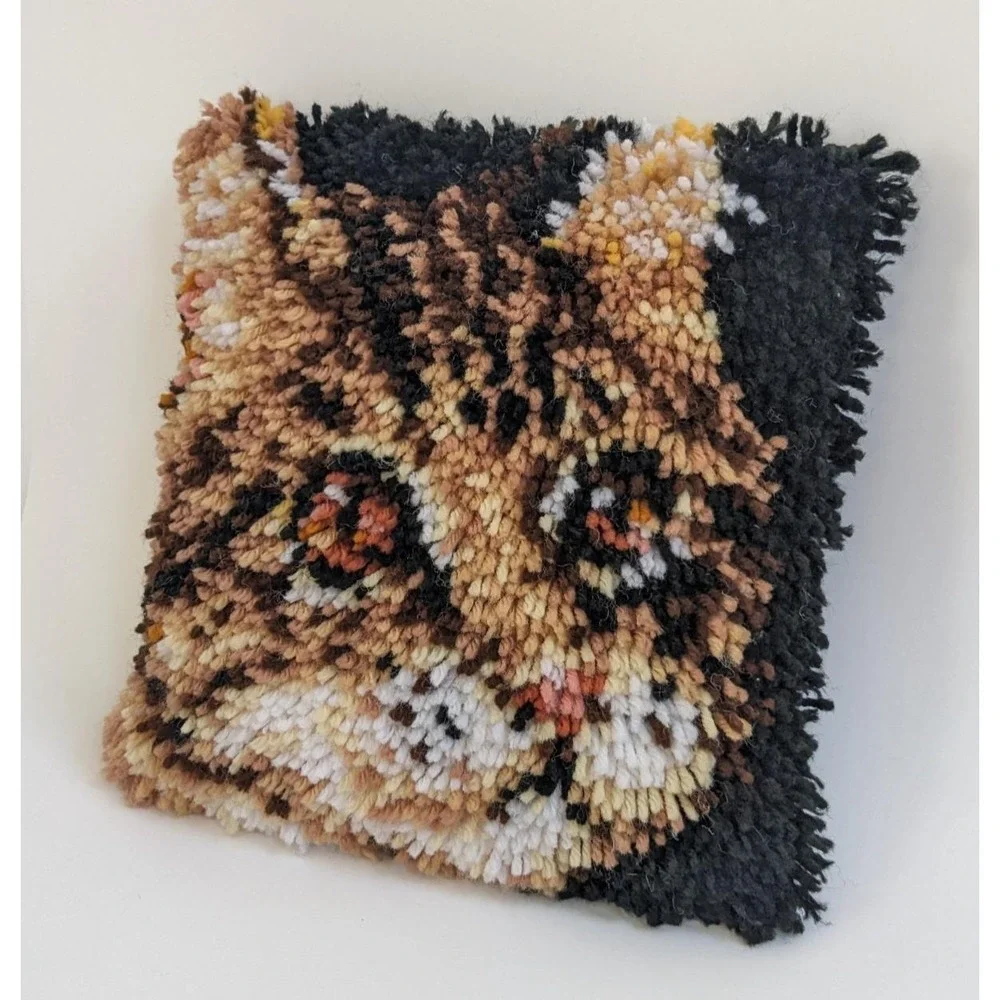 Vintage Latch Hook Tabby Cat Throw Pillow Complete Handmade‎ Shag Retro Feline